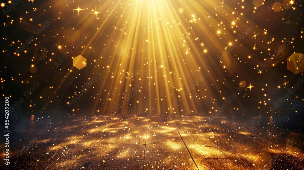Poster golden background with rays and bokeh effect. 3d rendering. stock artificial intelligence.