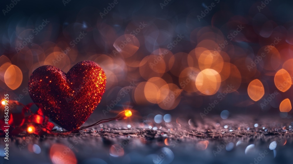 Poster an artificial intelligence generated valentine's day background with bokeh lights and a red heart.