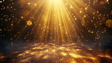 Golden background with rays and bokeh effect. 3D rendering. Stock artificial intelligence.