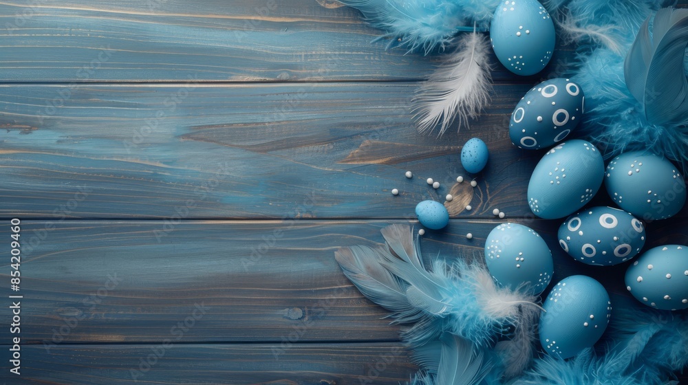 Poster atop a background of blue wooden eggs and feathers is a copy space with the copy within the space. a