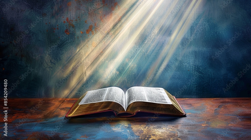 Poster a holy bible is opened on a wooden table with rays of light and bokeh. this image is generated using
