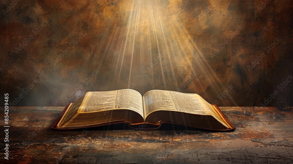 Wall mural Holy bible on wooden table with rays of light and bokeh. AI stock image.