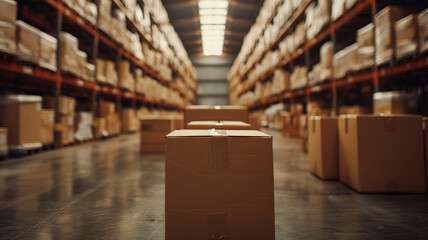 Cardboard boxes in spacious warehouse with shelves and packages.