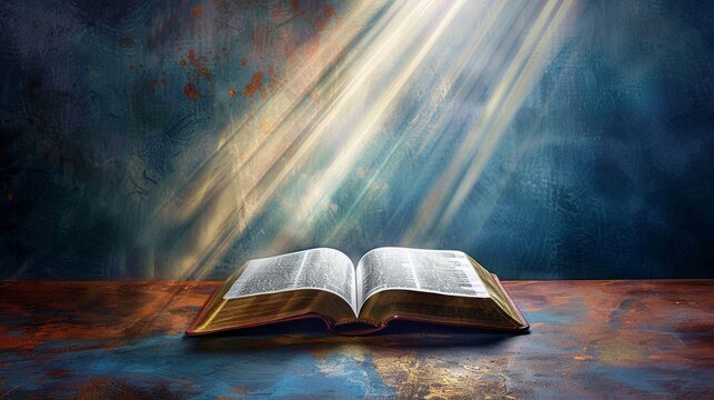 A holy bible is opened on a wooden table with rays of light and bokeh. This image is generated using artificial intelligence.