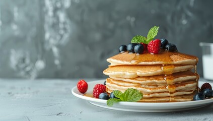 Fresh berries and maple syrup on a plate of pancakes. Stock