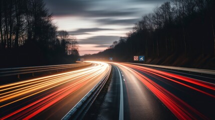 Car light trails on the road at night. Long exposure