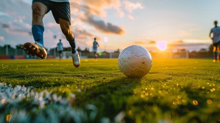 On the field of the stadium, a soccer player kicks the ball with AI generated motion.