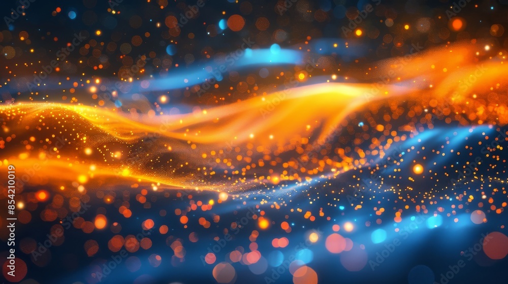 Poster flowing particles in an abstract science background. 3d rendering. artificial intelligence.