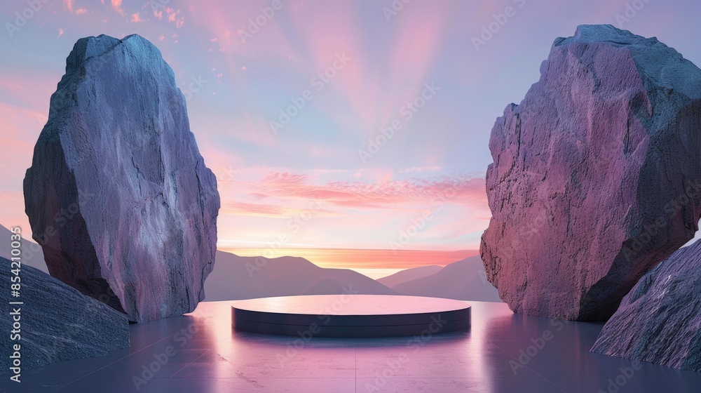 Aufkleber 3d rendering of a minimal product display podium with a colorful sky background.