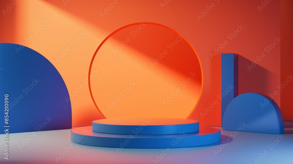 Poster blue podiums and abstract geometric background in 3d. design generated with ai.