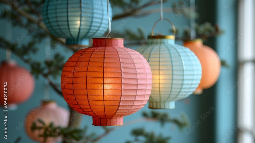 Aufkleber hang a cluster of festive paper lanterns in varying sizes and colors from the ceiling to create a pl