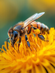 A bee gathering pollen from a vibrant yellow flower.