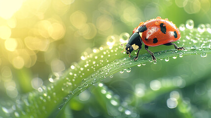 Fototapeta premium Detailed Close-up of Ladybug on Dewy Grass with Copy Space for Designs
