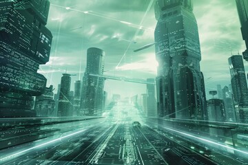 Illustrative cityscape with futuristic digital network and code overlaying a contemporary urban scene