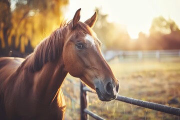 A serene brown horse in a pasture during golden hour casting a warm light