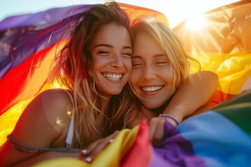 A loving moment between two women embracing and sharing smiles, wrapped in a rainbow flag, symbolizing LGBTQ+ pride