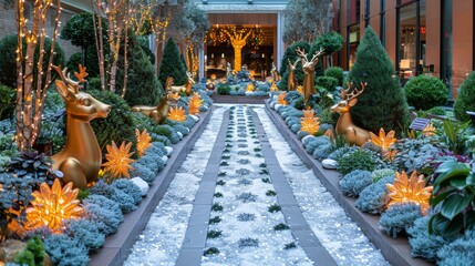 Fototapeta premium Create a charming winter garden with illuminated reindeer, sparkling snowflakes, and whimsical light-up figures nestled among lush greenery.