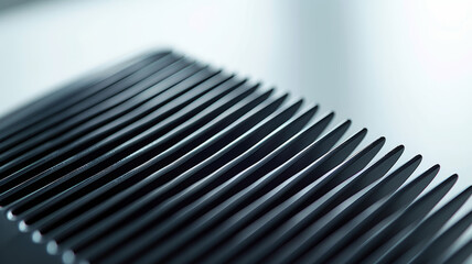 Closeup of a black comb with sharp, detailed teeth.