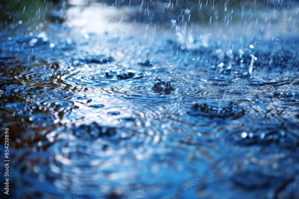 Aufkleber Detailed view of rain creating ripples on a water surface, symbolizing the dynamic impact of rain on water bodies