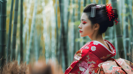 Elegant geisha in a bamboo forest, offering a serene and tranquil atmosphere, copy space