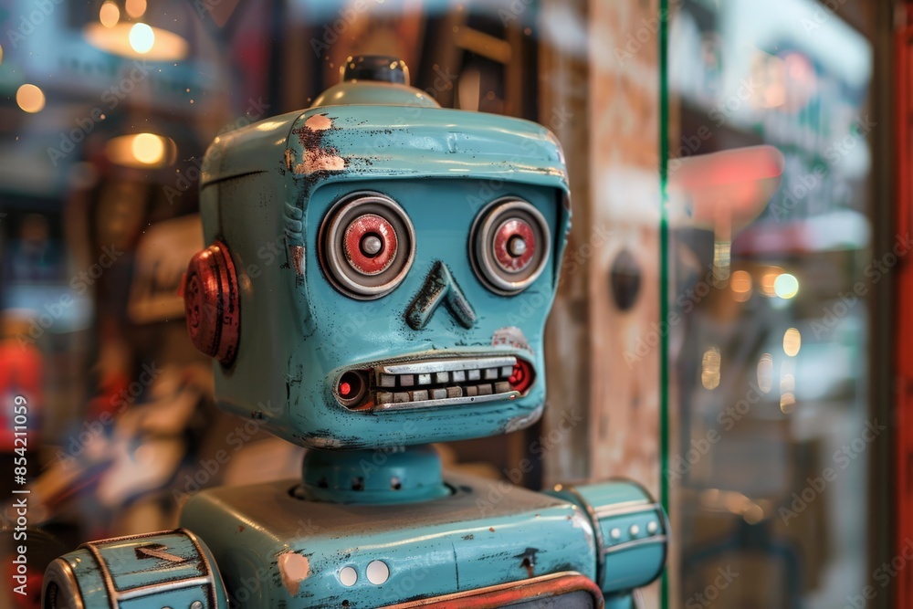 Poster an old-fashioned metal toy robot with a worn-out blue finish and vibrant red eyes displayed in a sho