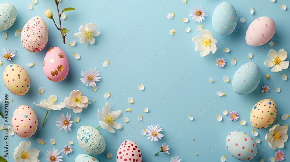 Poster the easter card is a color easter egg with spring flowers on a light blue background. created using 