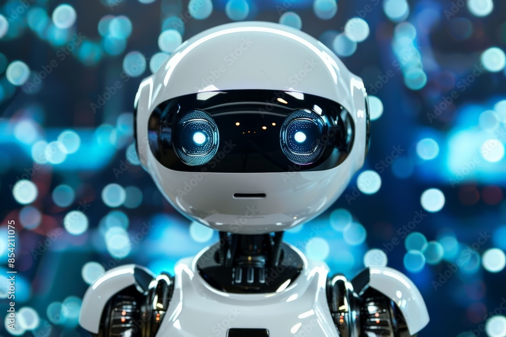 Aufkleber a futuristic robot with a sleek white design and captivating glowing blue eyes, set against a bokeh 