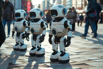 Obraz premium A trio of identical humanoid robots standing on a city street, capturing the integration of robots into society