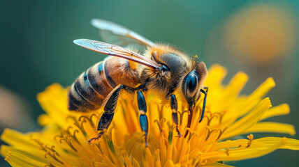 Bee on a yellow dandelion flower in close-up view