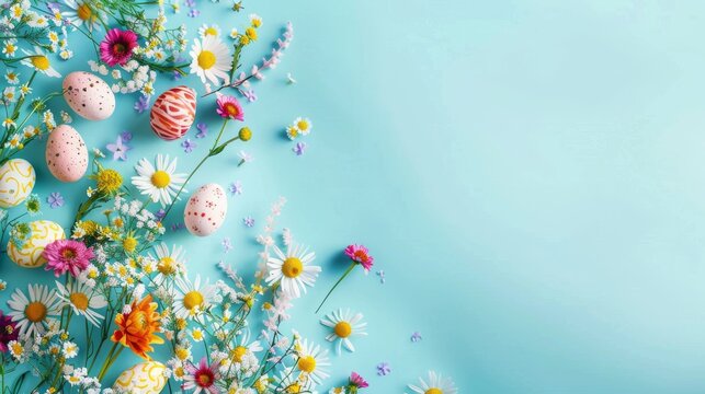 Greeting card with copy space. Colorful easter eggs with spring flowers on a light blue background. AI-generated design.