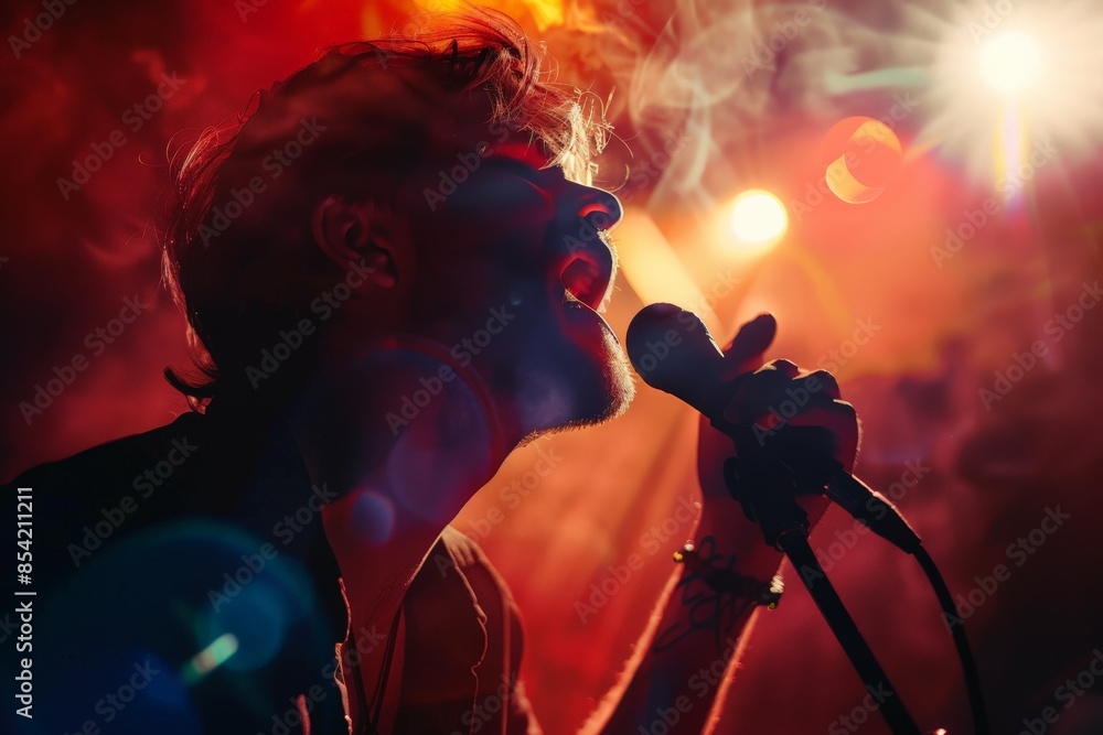 Poster intense image of a musician passionately singing into a microphone with colorful lights and flare ef