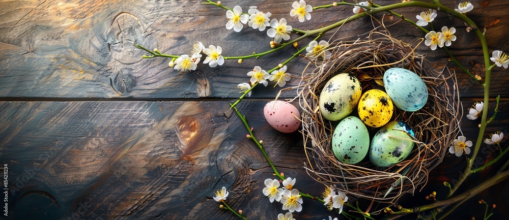 Poster a colorful nest of easter eggs surrounded by branches of spring blooming on a rustic wooden backgrou