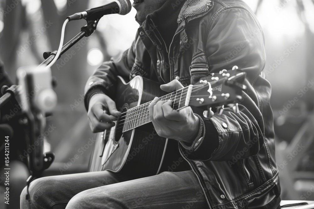 Poster black and white image of a person playing acoustic guitar and singing into a microphone during a per