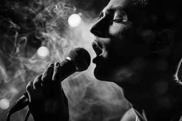 An intense black and white image of a male singer passionately singing into a microphone