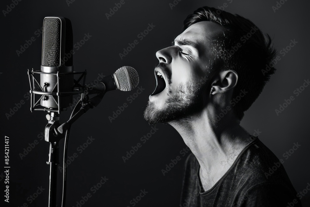 Poster a monochrome image shows a man singing into a studio microphone, capturing the intensity of a musica