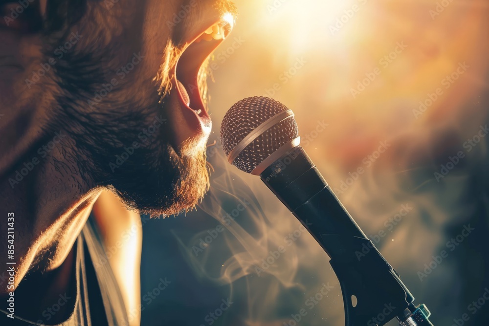 Poster Close-up image capturing the energy and intensity of a singer at a live concert with a dynamic lens flare effect