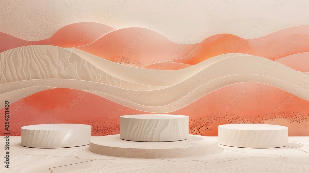 Poster the rendering shows a podium with pink and beige colors for product displays. using artificial intel