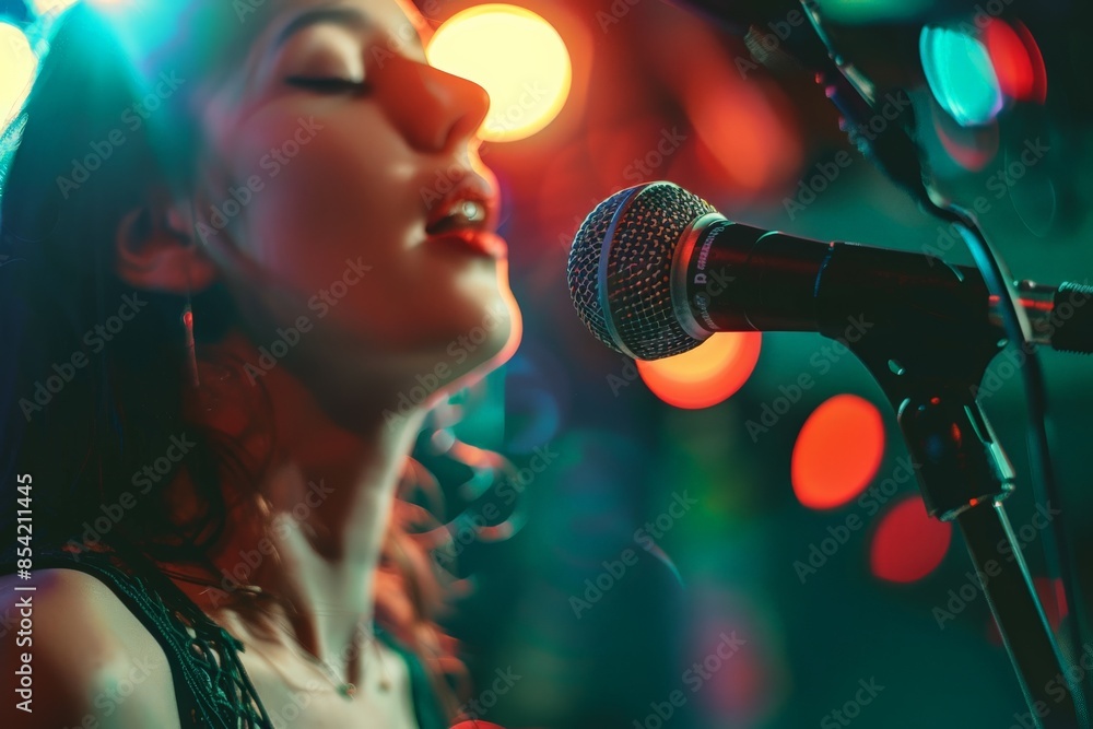 Poster performer singing passionately into a microphone on stage with colorful concert lights and face obsc