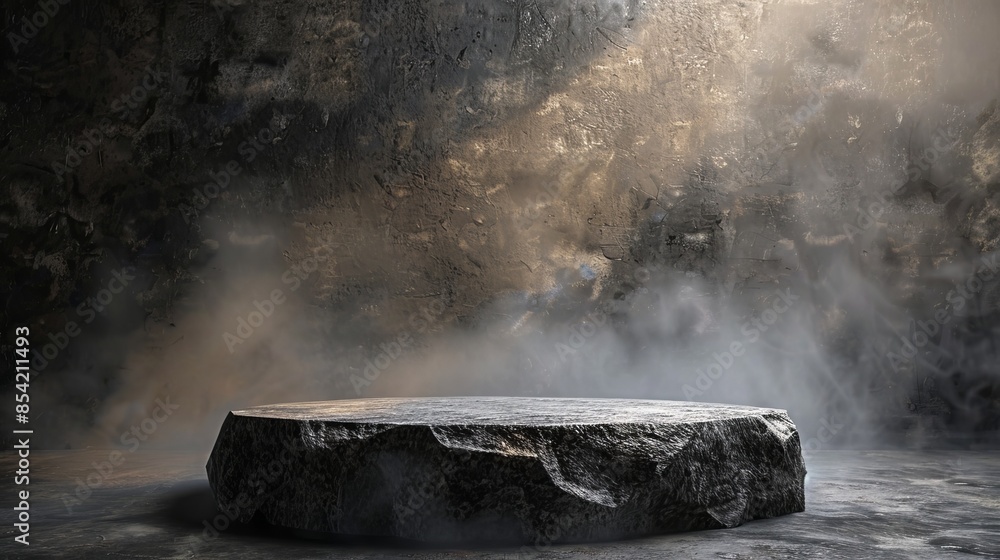 Poster 3d render illustration mockup of an empty round podium on a stone platform. with artificial intellig