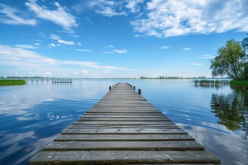 Obraz premium Long wooden pier stretching into calm waters under a clear sky, showcasing tranquility and natural beauty