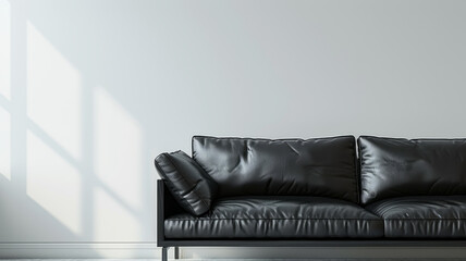 A black leather sofa in a minimalist living room with natural light.