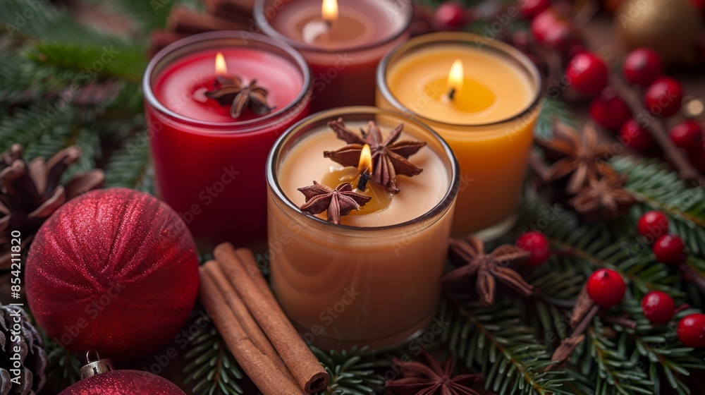 Sticker display an array of scented candles in holiday-inspired fragrances like cinnamon, pine, and cranberr