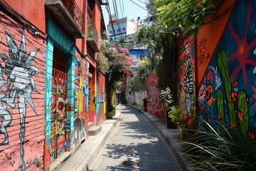 Fototapeta premium Plants overgrow the painted walls along the street. AI Stock Art
