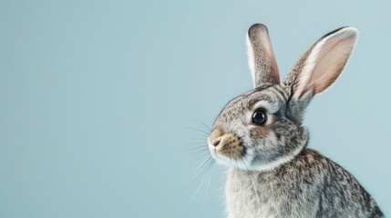 Obraz premium Adorable gray bunny gazing on pale blue backdrop
