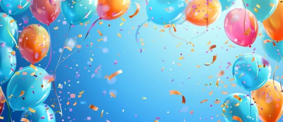 Fototapeta premium Blue background with multi-colored balloons and confetti. Festive background. AI generated.