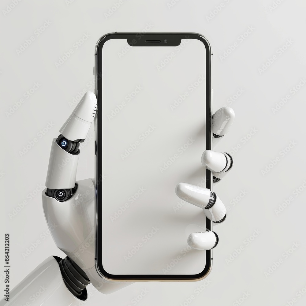 Poster an ai-generated mockup of a white robot holding a smartphone on a transparent background.