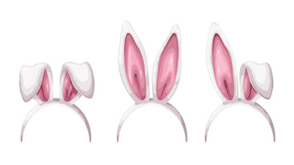 Headband set with cartoon different ears of Easter bunny. Funny retro fun party head decoration with white and pink floppy bent or long ears of rabbit, cartoon photo booth props vector illustration