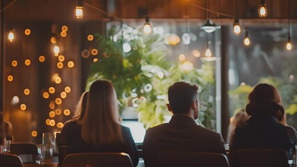 Hazy view of workers learning new skills and techniques during a company retreat workshop.