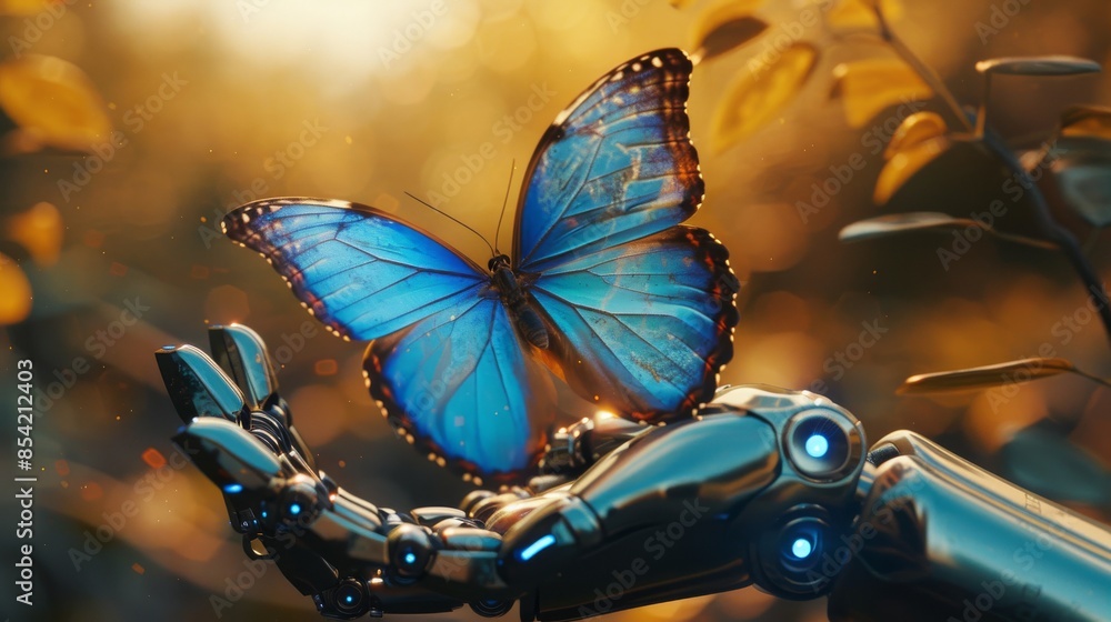 Poster it is a robotic hand that holds a blue butterfly. stock artificial intelligence.