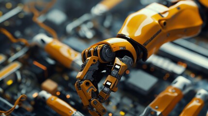 Fototapeta premium Close-up of a yellow robotic arm with intricate mechanical details in a high-tech environment